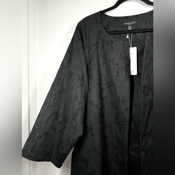 NWT EILEEN FISHER Jacquard‎ Embroidered Open Front Black Shimmer Blazer Size 2X - Picture 6 of 12